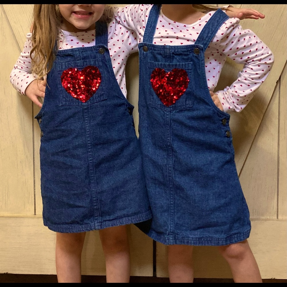 Really cute Valentine’s Day overalls and matching shirt!
